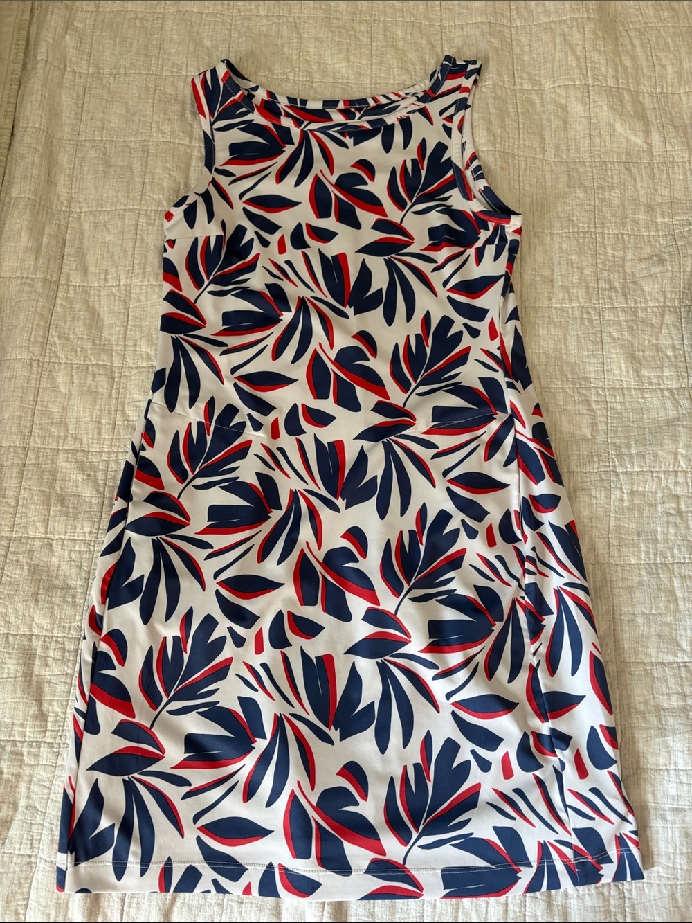 Columbia women’s Sleeveless White Dress with Navy & Red Leaf Print